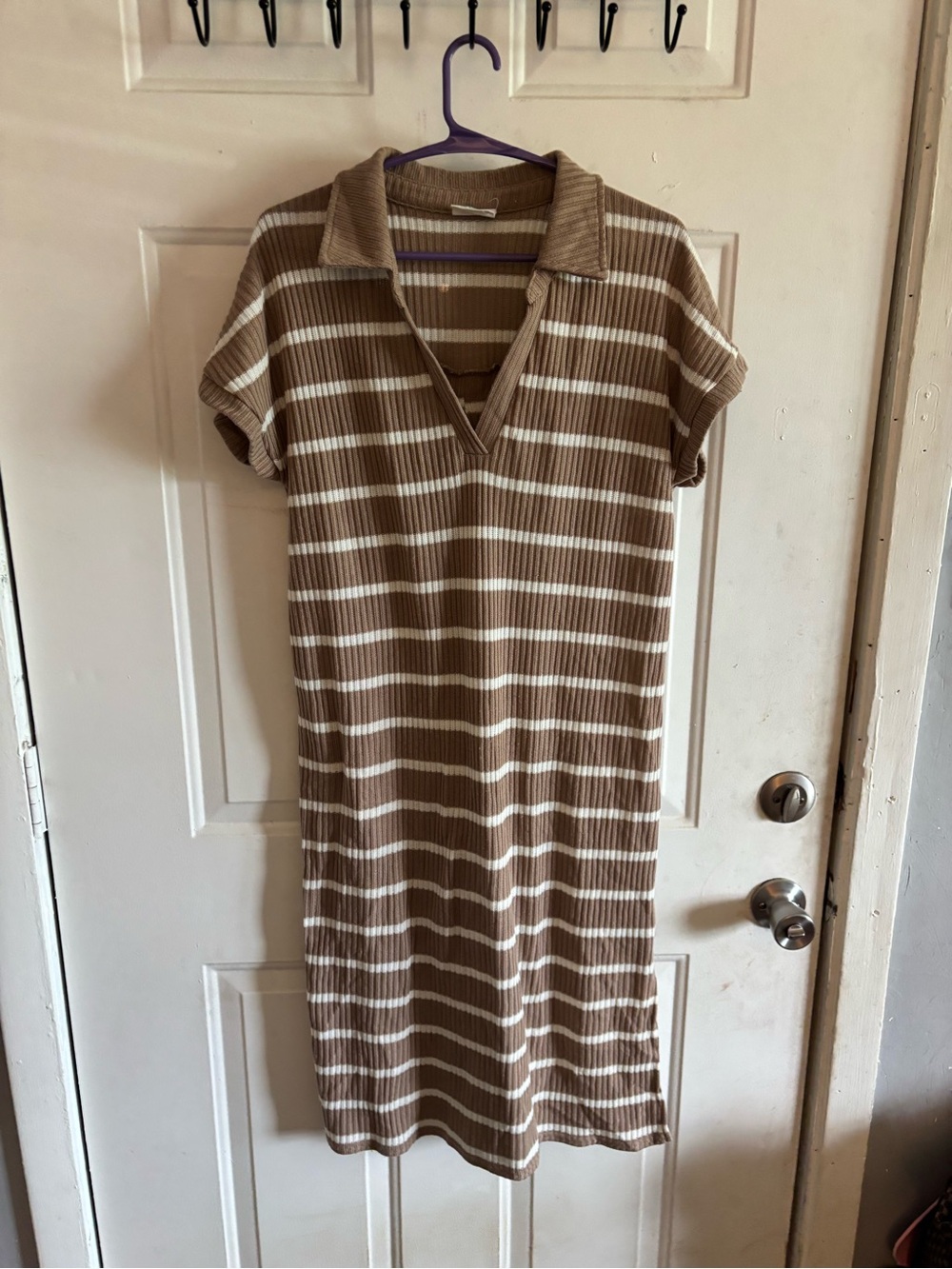 Women's Tan and White Striped Midi Polo Dress